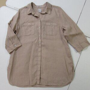 Chicos Size 2 Tan No Iron Linen Button Down 3/4 Sleeve